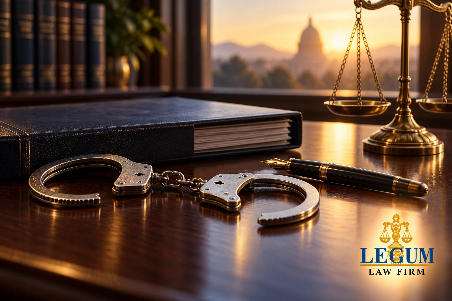 Раскрытые наручники рядом с судебным делом, пером и весами с логотипом Legum Law Firm