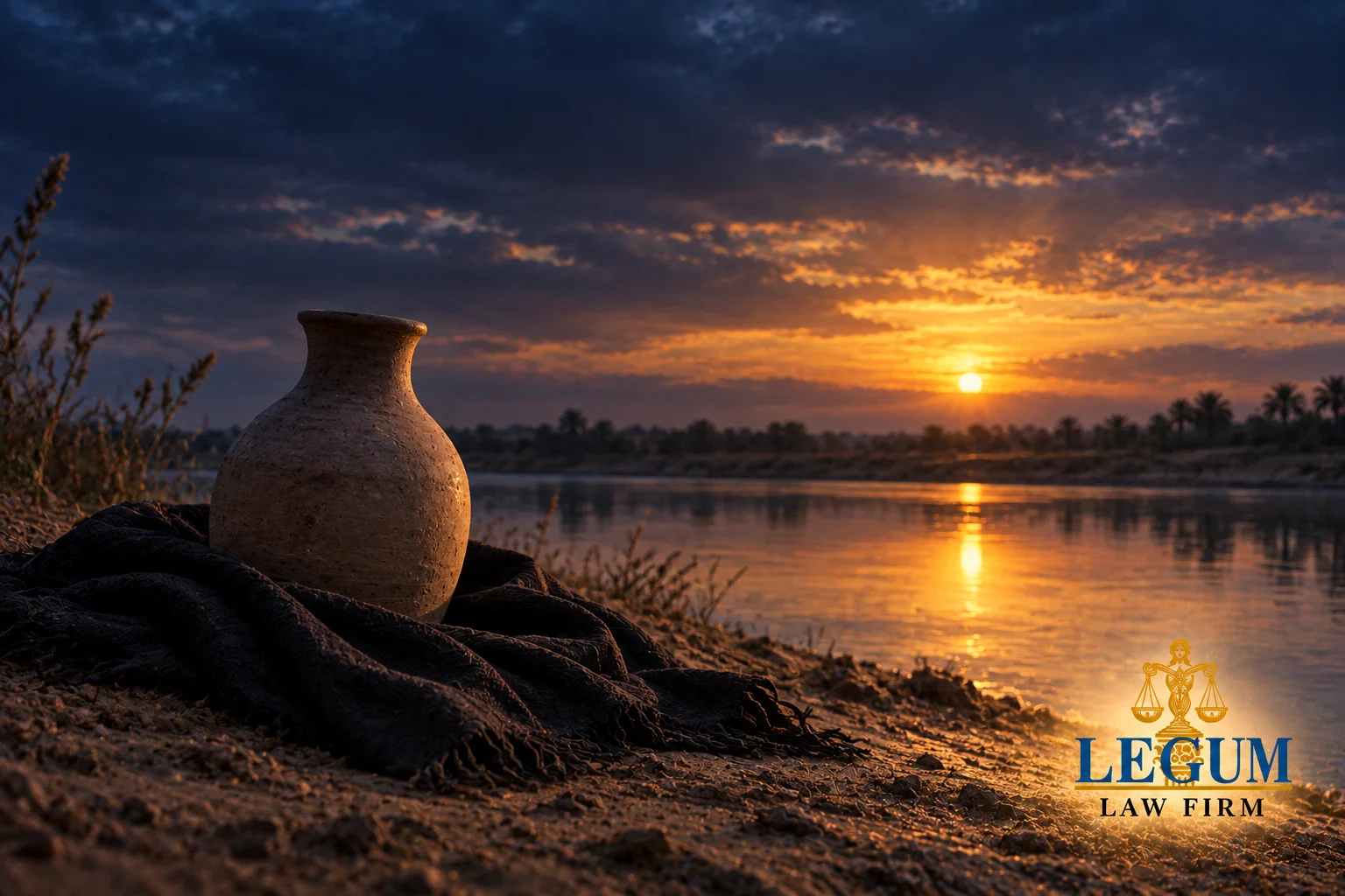 Глиняный сосуд для воды на тёмной ткани у реки на закате.