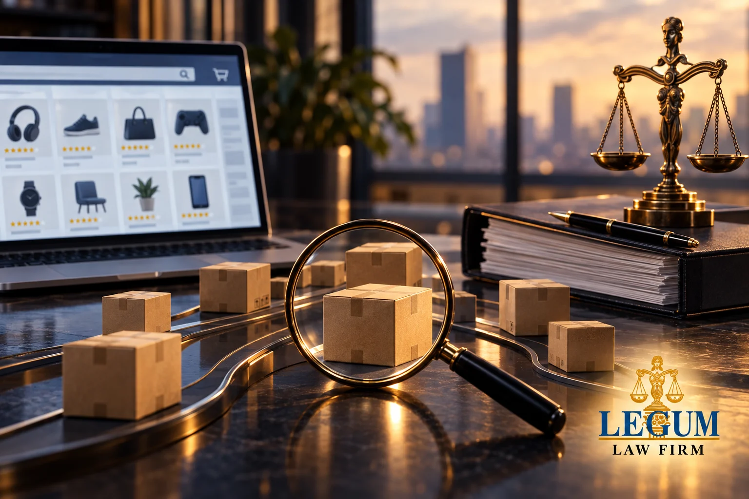 Посылки электронной торговли, лупа, ноутбук и весы с логотипом Legum Law Firm