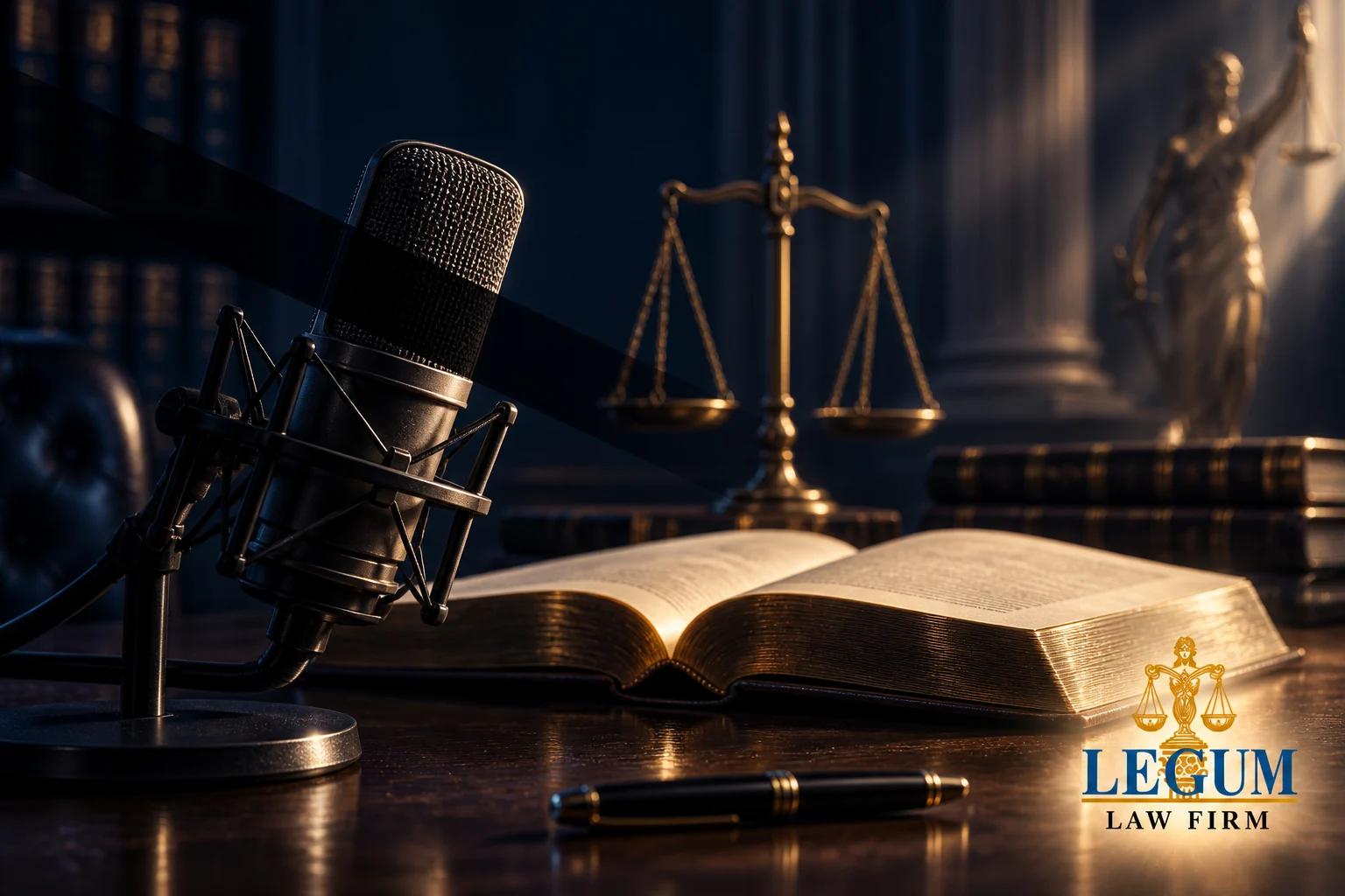Студийный микрофон, открытая юридическая книга и весы с логотипом Legum Law Firm