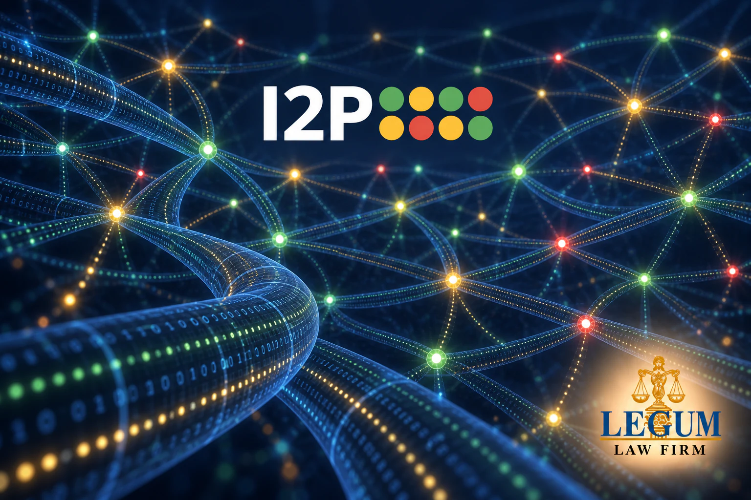 Официальные логотипы I2P и Legum Law Firm над распределённой сетью зашифрованных туннелей.