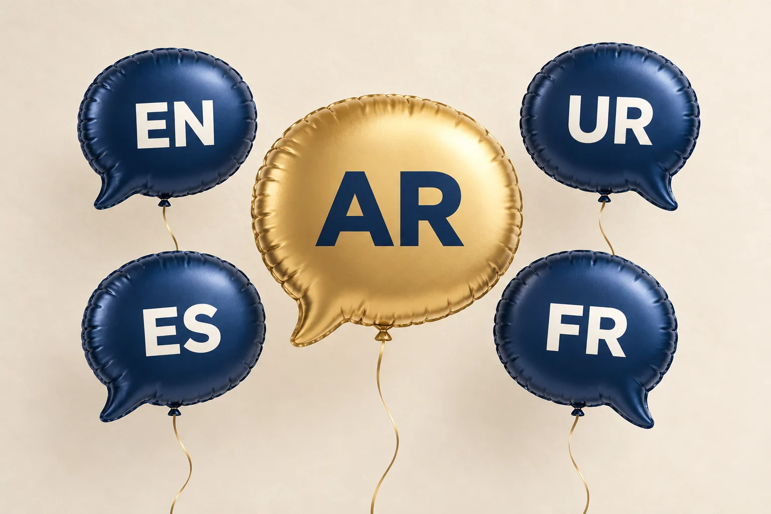 Золотистый воздушный шар AR окружён синими шарами EN, UR, ES и FR: арабский становится ещё одним языком сайта.