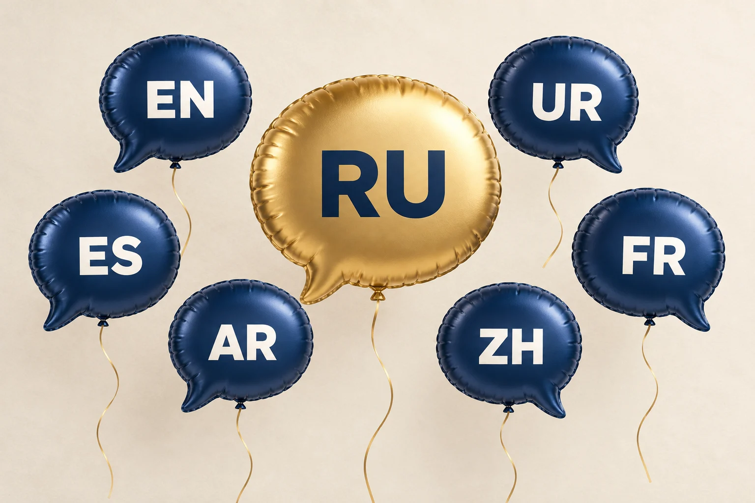 Золотистый воздушный шар RU окружён шестью синими шарами с обозначениями других языков: на сайт добавлен русский язык.