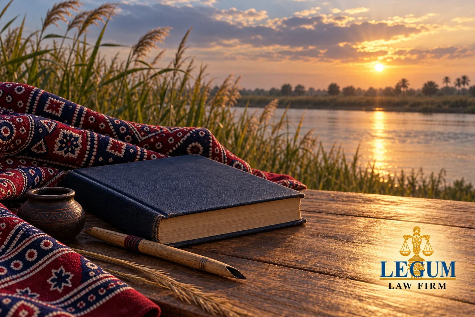 Закрытая книга, тростниковое перо и ткань аджрак у реки в золотистом свете.